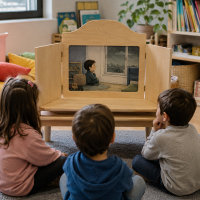 Bambini della scuola dell’infanzia che ascoltano una storia kamishibai StravagArte sulle emozioni