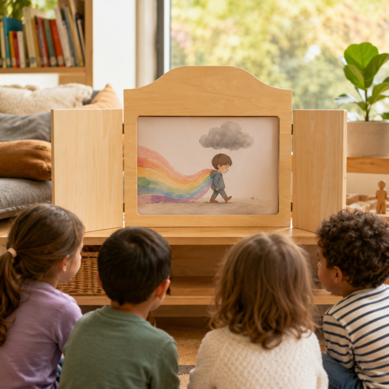 Bambini che ascoltano una storia kamishibai StravagArte sulle emozioni con teatrino aperto e tavole illustrate