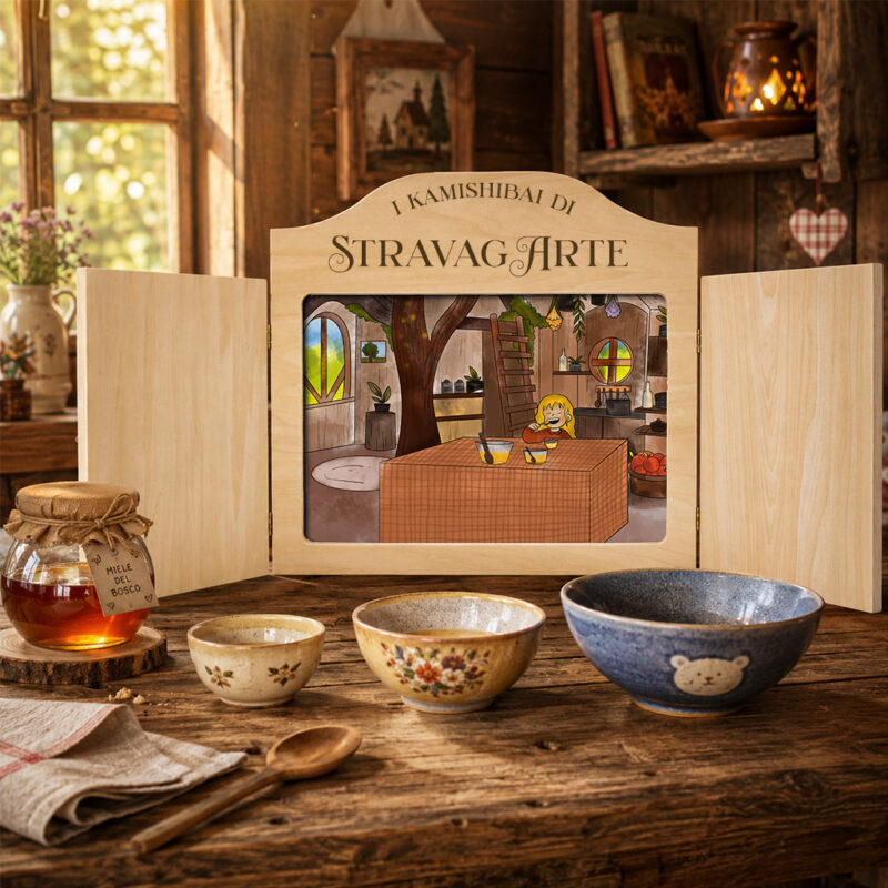 Teatrino kamishibai ambientato nella casina dei tre orsi con barattolo di miele e tre scodelle, per la storia Riccioli d’Oro e i Tre Orsi – Fiaba Stravagante.