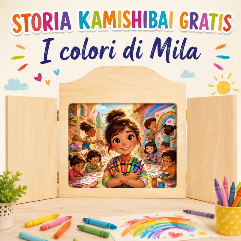 Storia kamishibai gratis I colori di Mila con teatrino kamishibai in legno chiaro e illustrazione di bambini che disegnano con pastelli colorati.