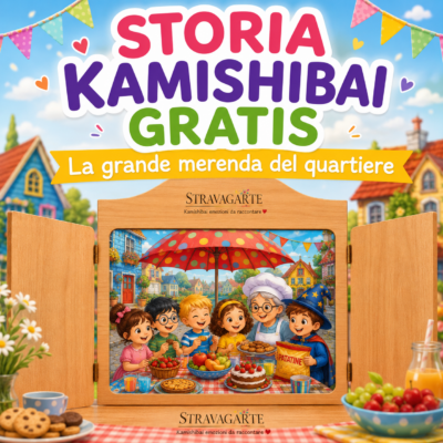 Storia kamishibai gratis La grande merenda del quartiere con teatrino kamishibai e illustrazione di bambini che condividono una merenda sotto un grande ombrello.