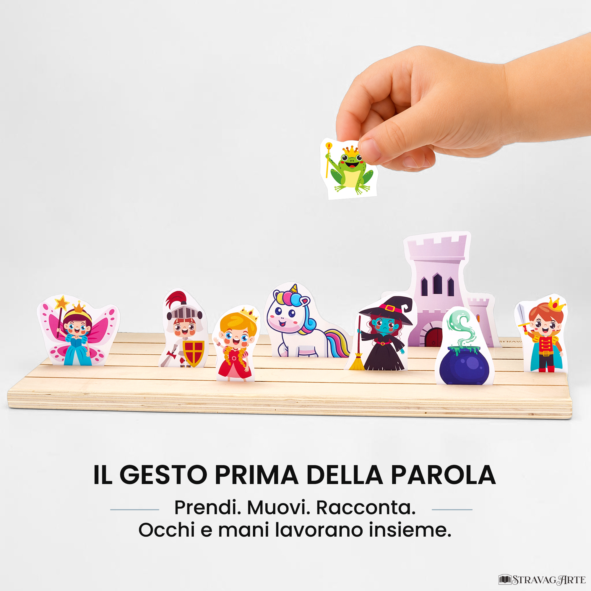 Bambino che inserisce un personaggio nel Binario Narrativo durante un gioco narrativo