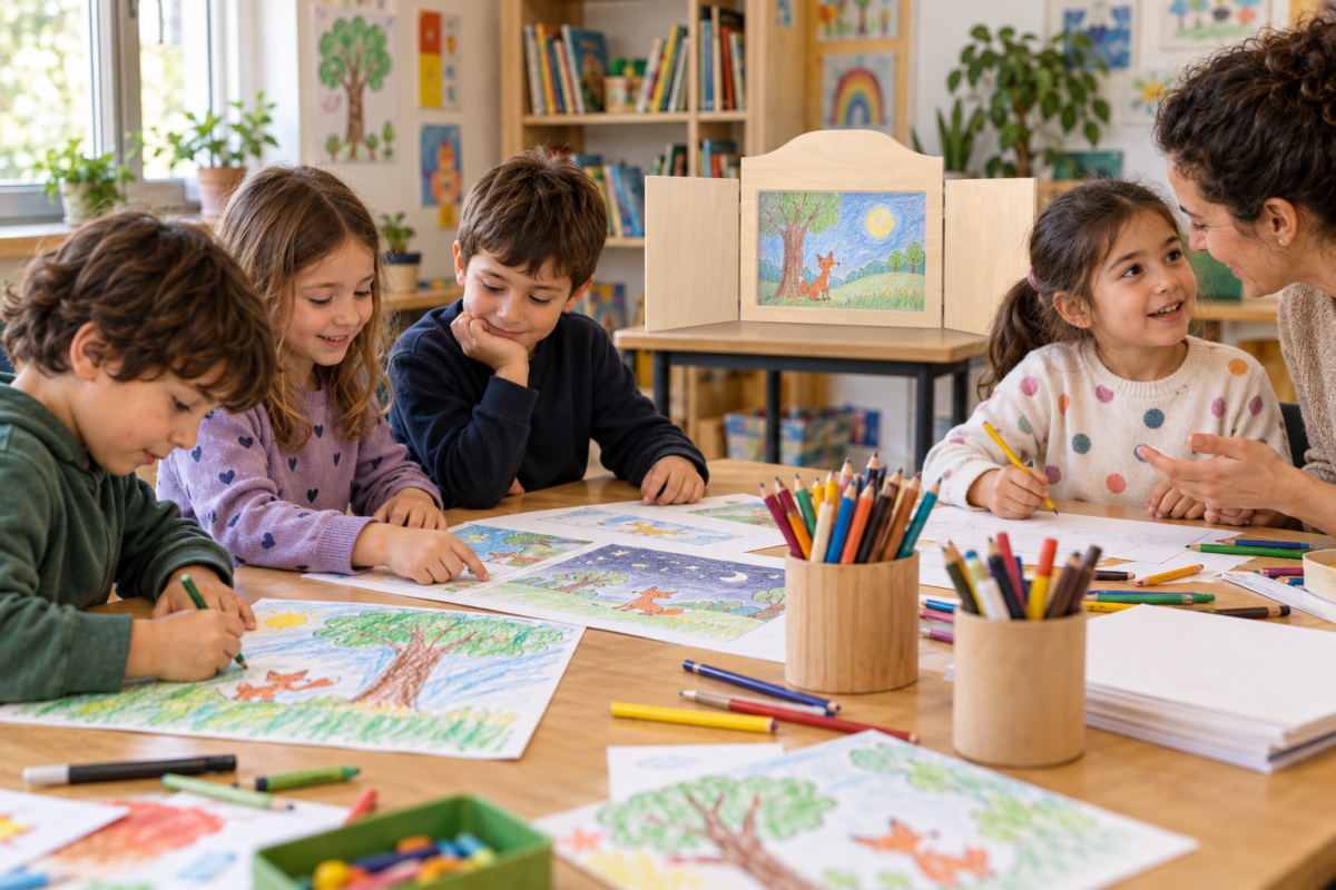 Bambini che progettano una storia Kamishibai disegnando tavole illustrate durante un laboratorio