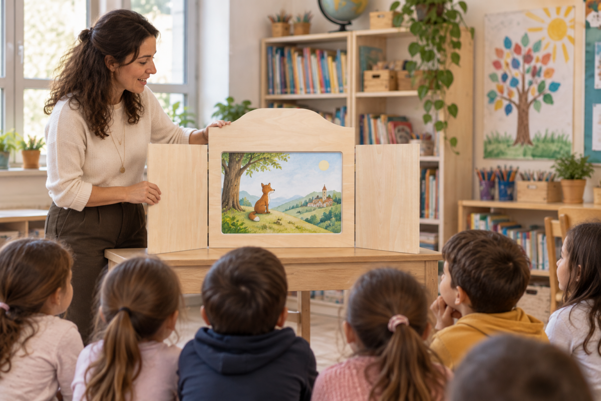 Kamishibai a scuola con insegnante, teatrino in legno e tavola illustrata davanti alla classe