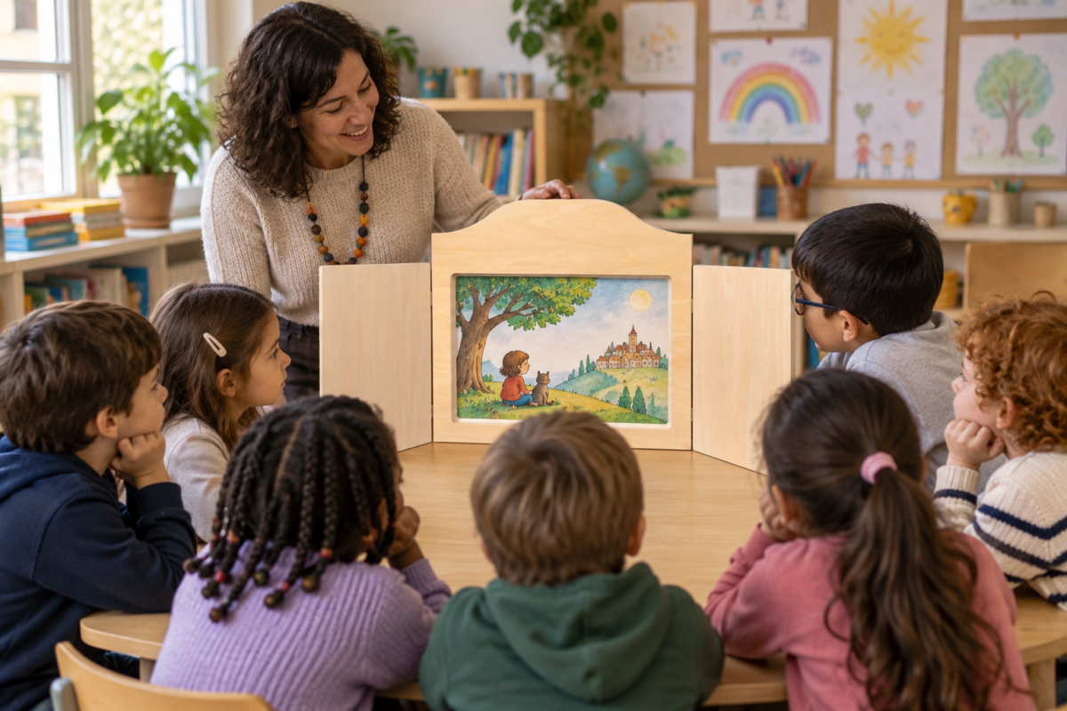Bambini con caratteristiche diverse ascoltano insieme una storia Kamishibai in classe
