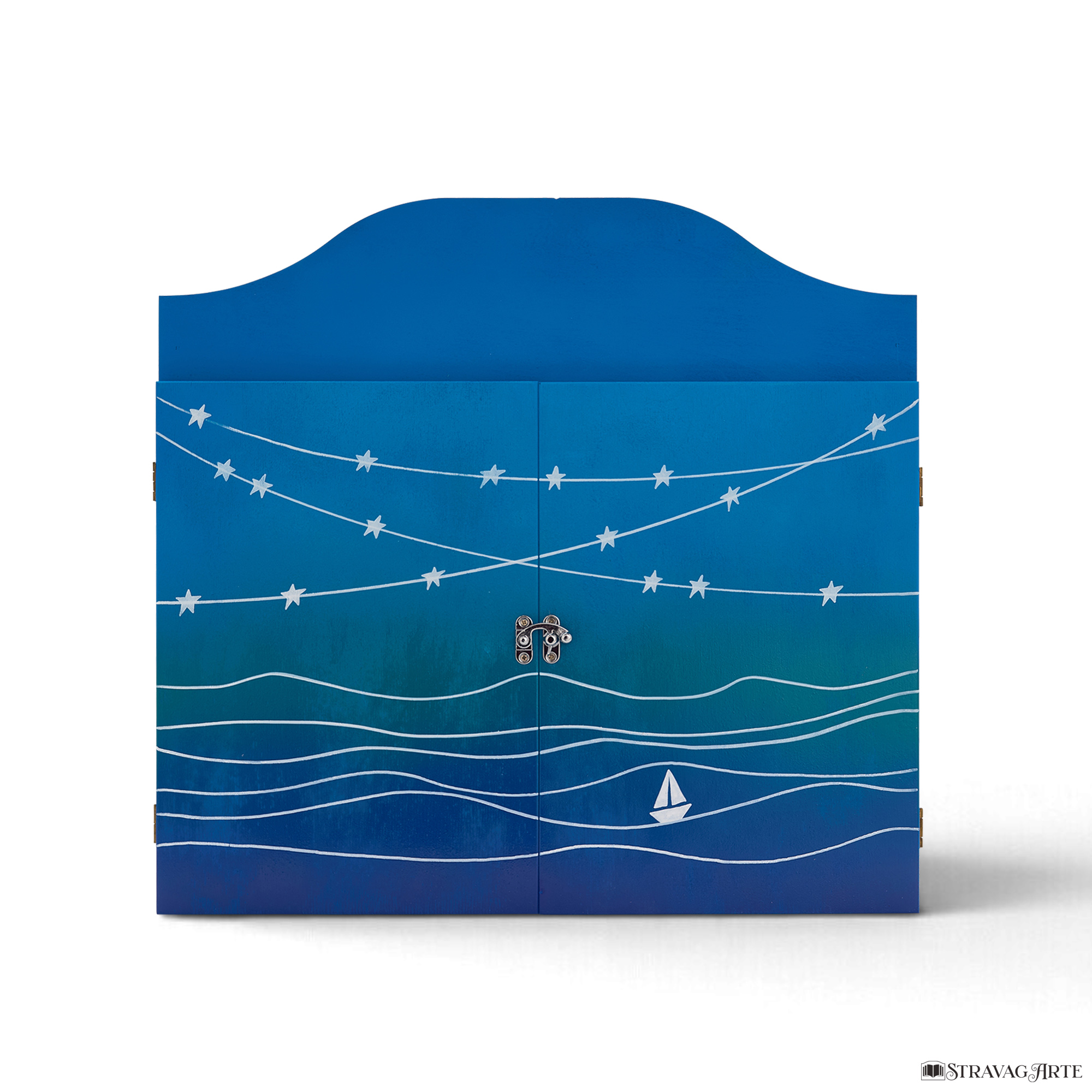 Teatrino kamishibai A3 personalizzato in legno AZ01 colore azzurro tema mare, barchetta e stelle StravagArte