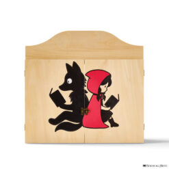 Teatrino kamishibai A3 personalizzato in legno LN16 colore legno naturale tema lupo e cappuccetto rosso che leggono un libro StravagArte
