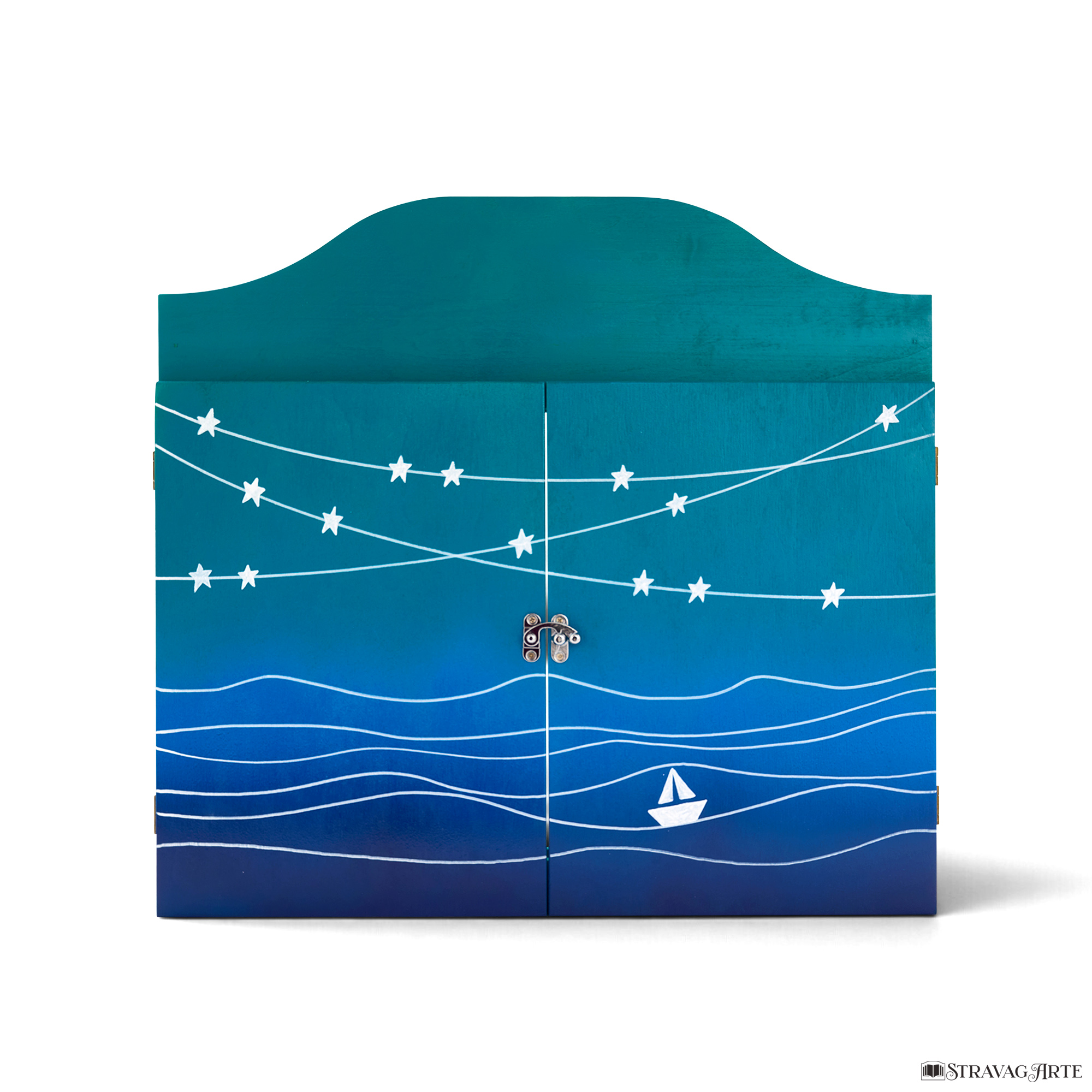 Teatrino kamishibai A3 personalizzato in legno TU01 colore turchese tema mare, barchetta e stelle StravagArte