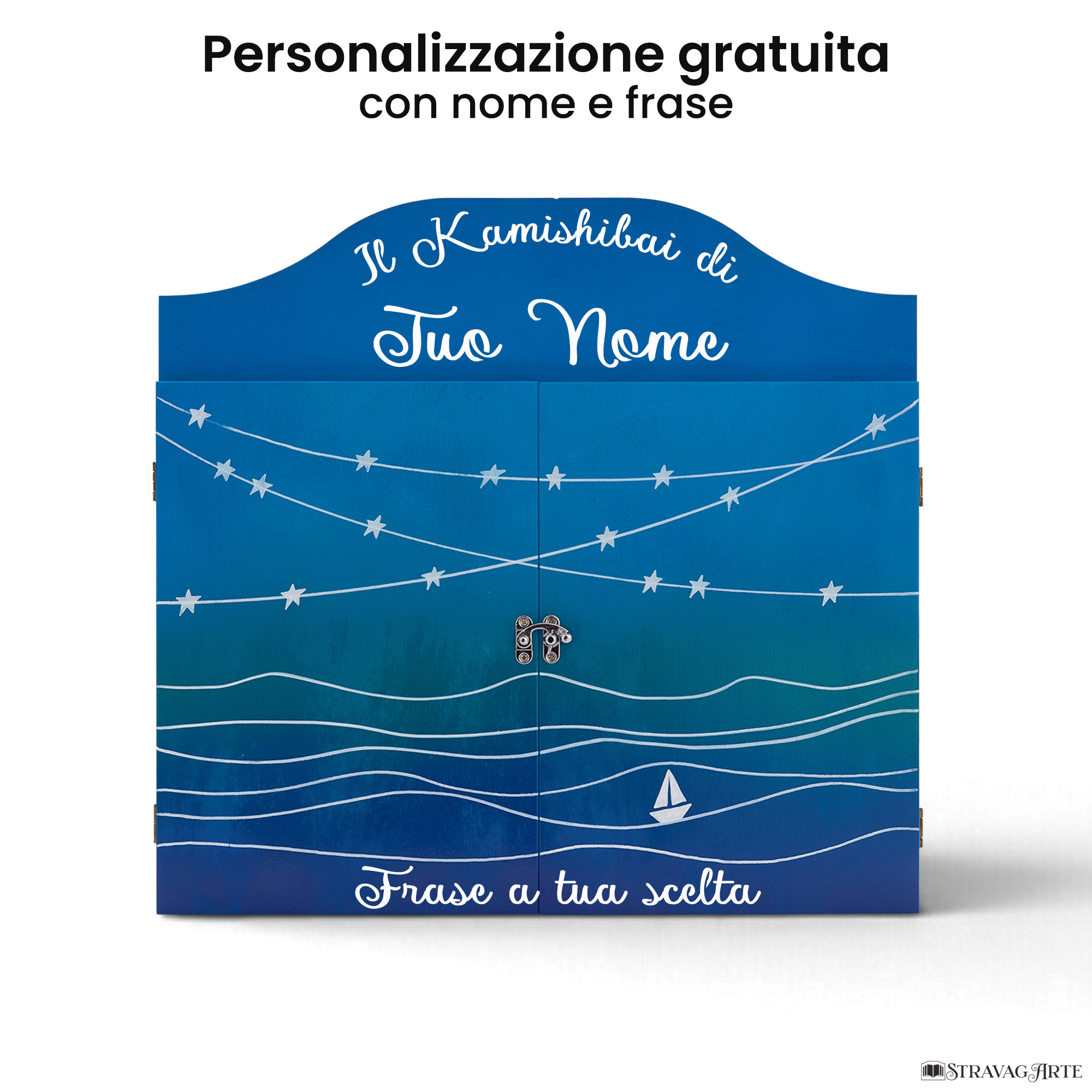 Teatrino kamishibai personalizzato AZ01 azzurro tema mare, barchetta e stelle con nome e frase StravagArte