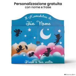 Teatrino kamishibai personalizzato AZ02 azzurro tema bambini in volo con nome e frase StravagArte