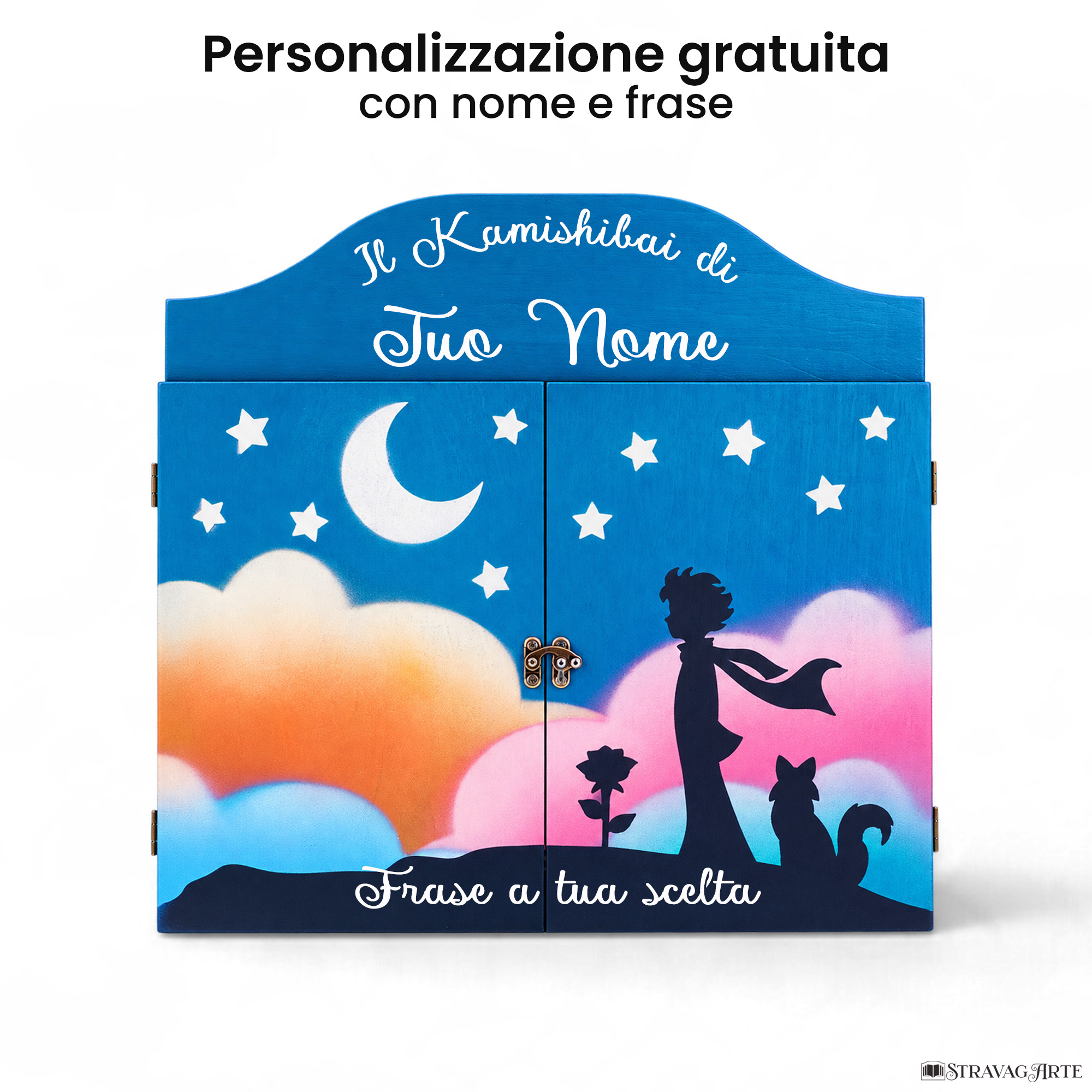 Teatrino kamishibai personalizzato AZ03 azzurro tema bambino, rosa e volpe sotto le stelle con nome e frase StravagArte