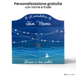 Teatrino kamishibai personalizzato BC01 blu chiaro tema mare, barchetta e stelle con nome e frase StravagArte