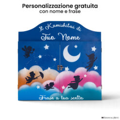 Teatrino kamishibai personalizzato BC02 blu chiaro tema bambini in volo con nome e frase StravagArte