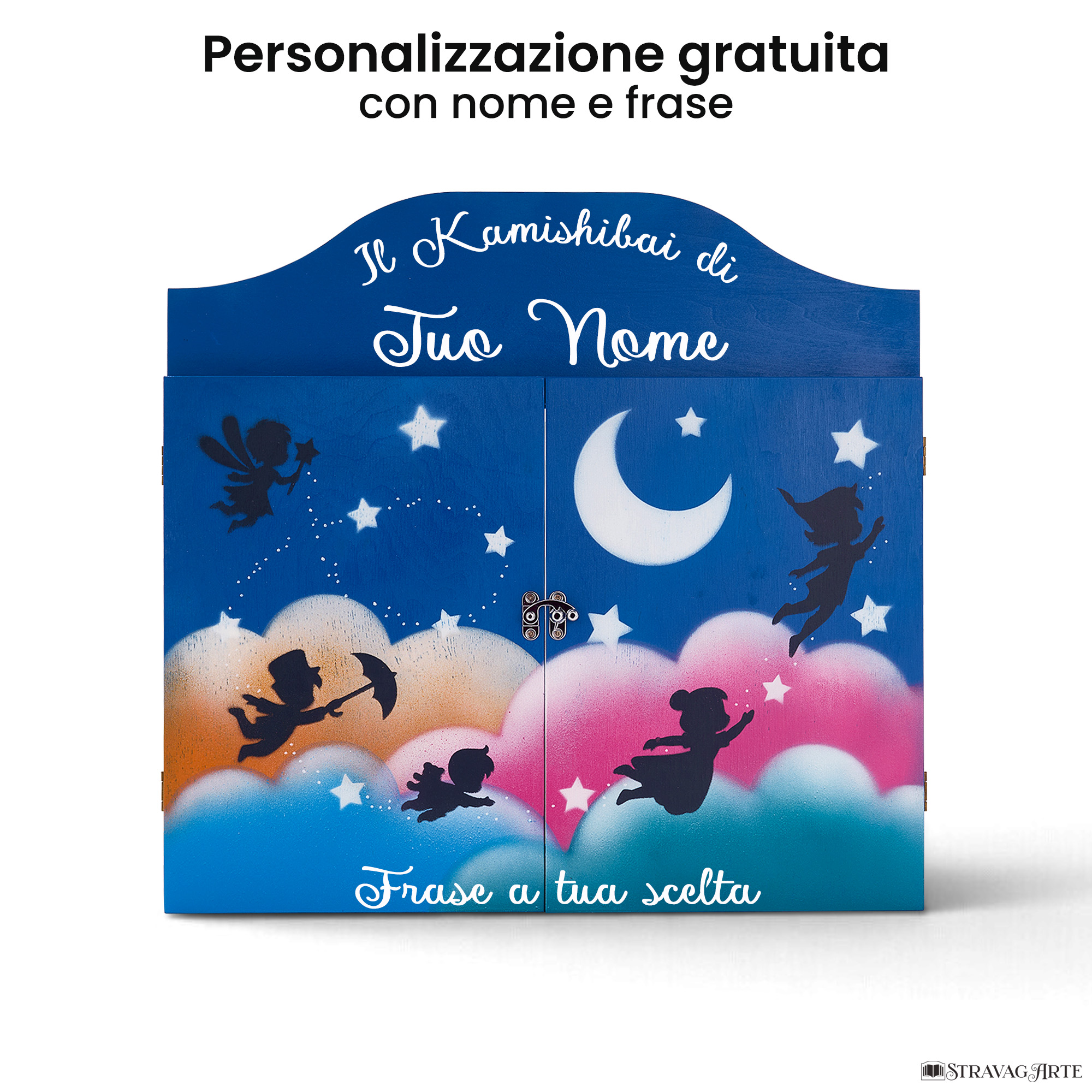 Teatrino kamishibai personalizzato BC02 blu chiaro tema bambini in volo con nome e frase StravagArte