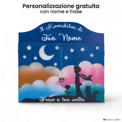 Teatrino kamishibai personalizzato BC03 blu chiaro tema bambino, rosa e volpe sotto le stelle con nome e frase StravagArte