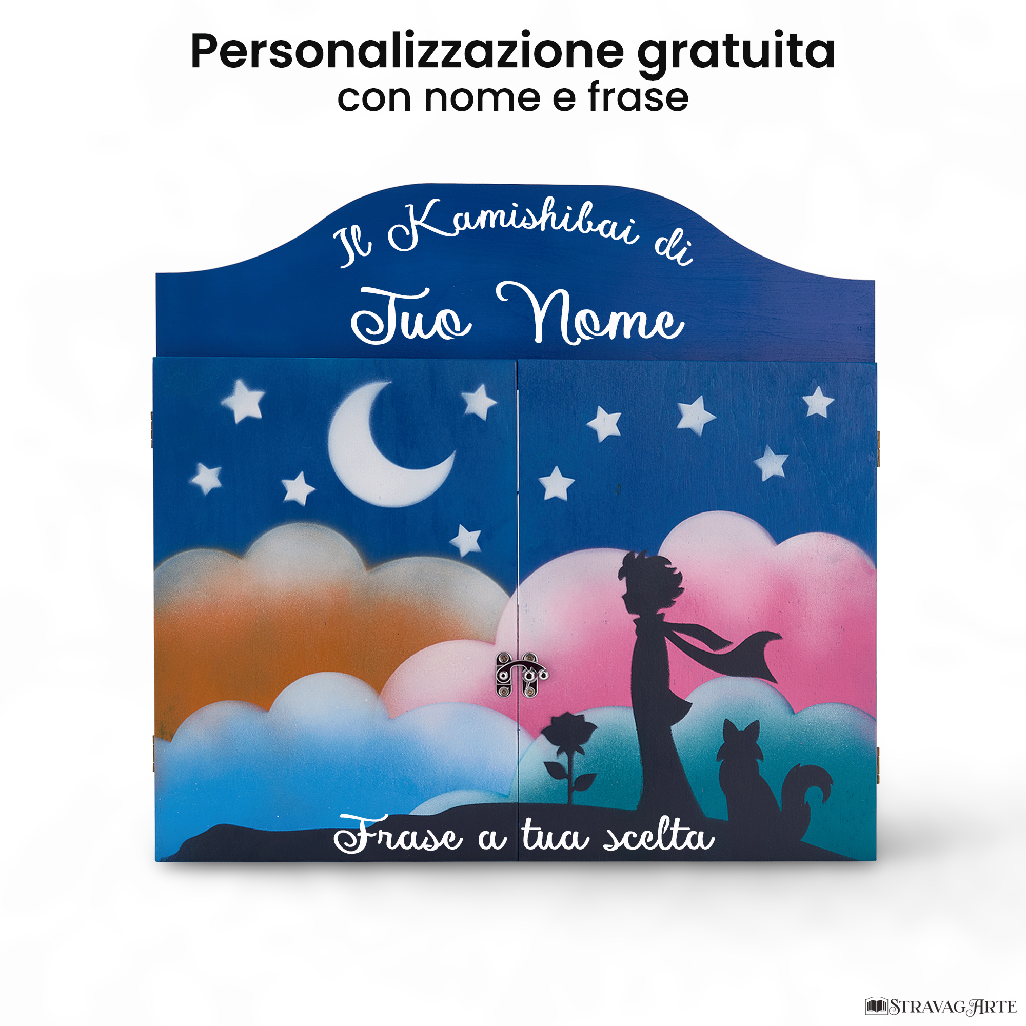 Teatrino kamishibai personalizzato BC03 blu chiaro tema bambino, rosa e volpe sotto le stelle con nome e frase StravagArte