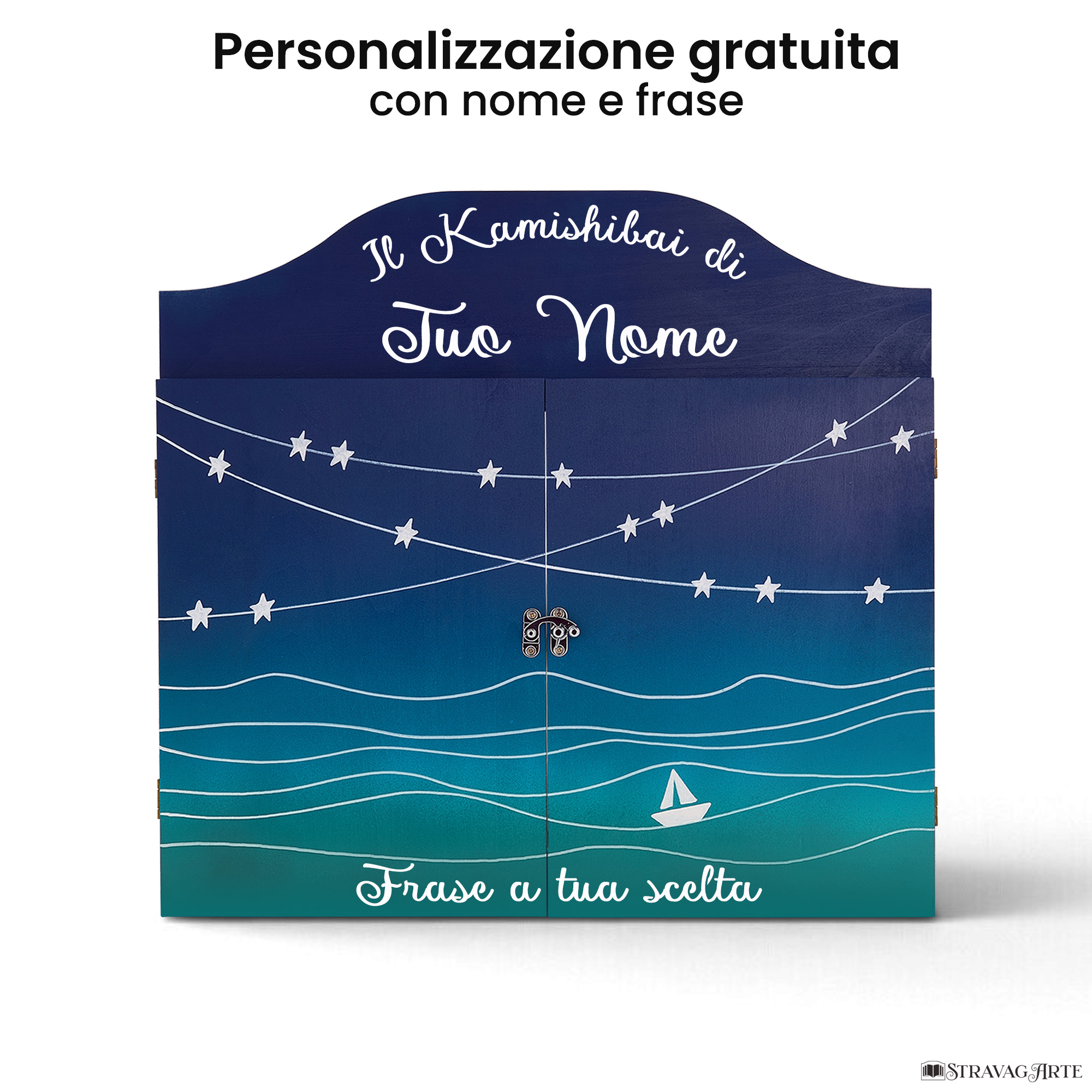 Teatrino kamishibai personalizzato BS01 blu scuro tema mare, barchetta e stelle con nome e frase StravagArte