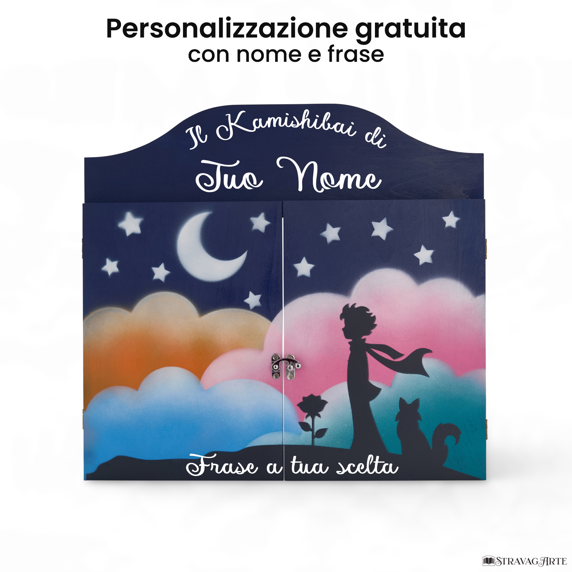 Teatrino kamishibai personalizzato BS03 blu scuro tema bambino, rosa e volpe sotto le stelle con nome e frase StravagArte