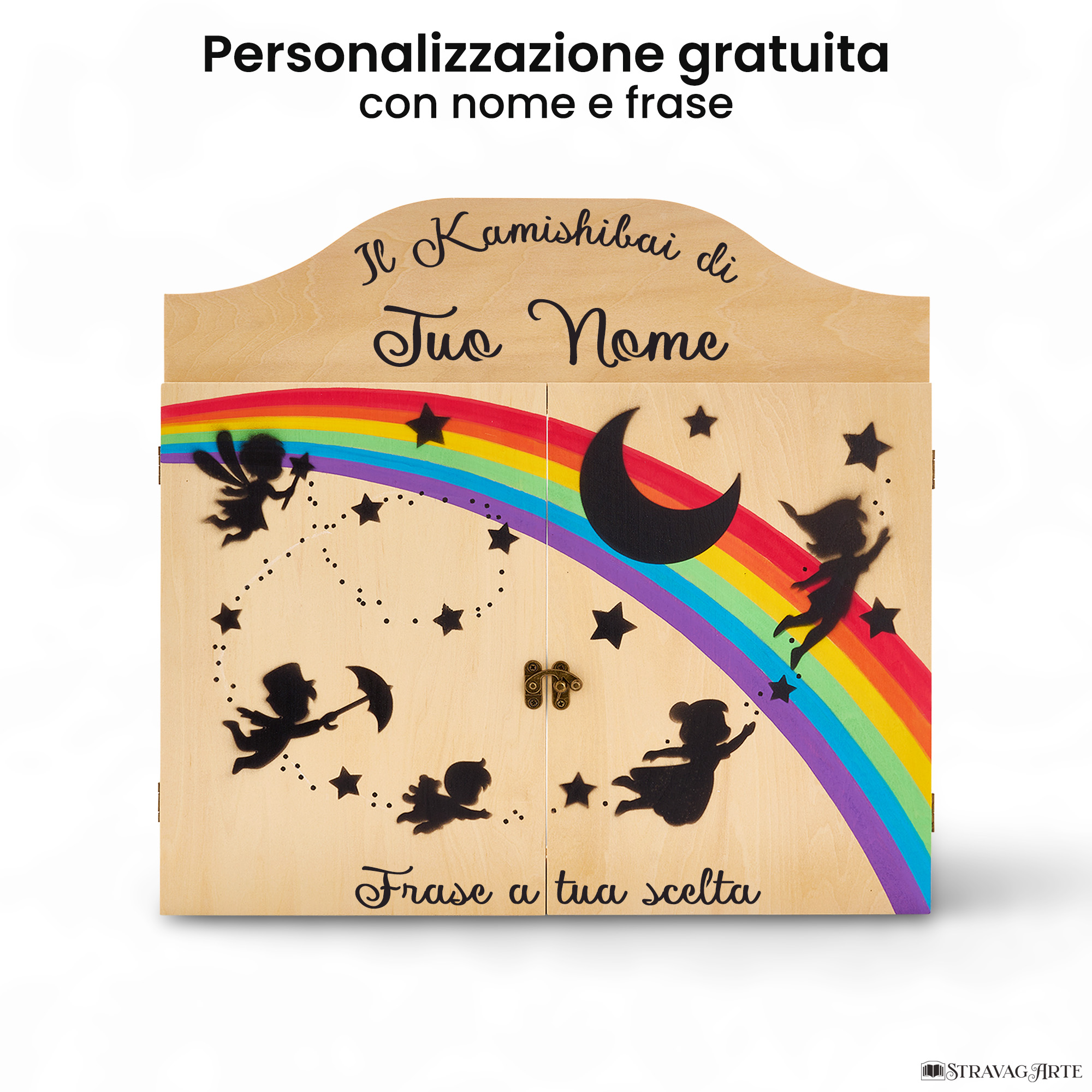 Teatrino kamishibai personalizzato LN02 legno naturale tema bambini in volo con nome e frase StravagArte