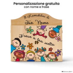 Teatrino kamishibai personalizzato LN05 legno naturale tema bambini sopra e sotto con nome e frase StravagArte