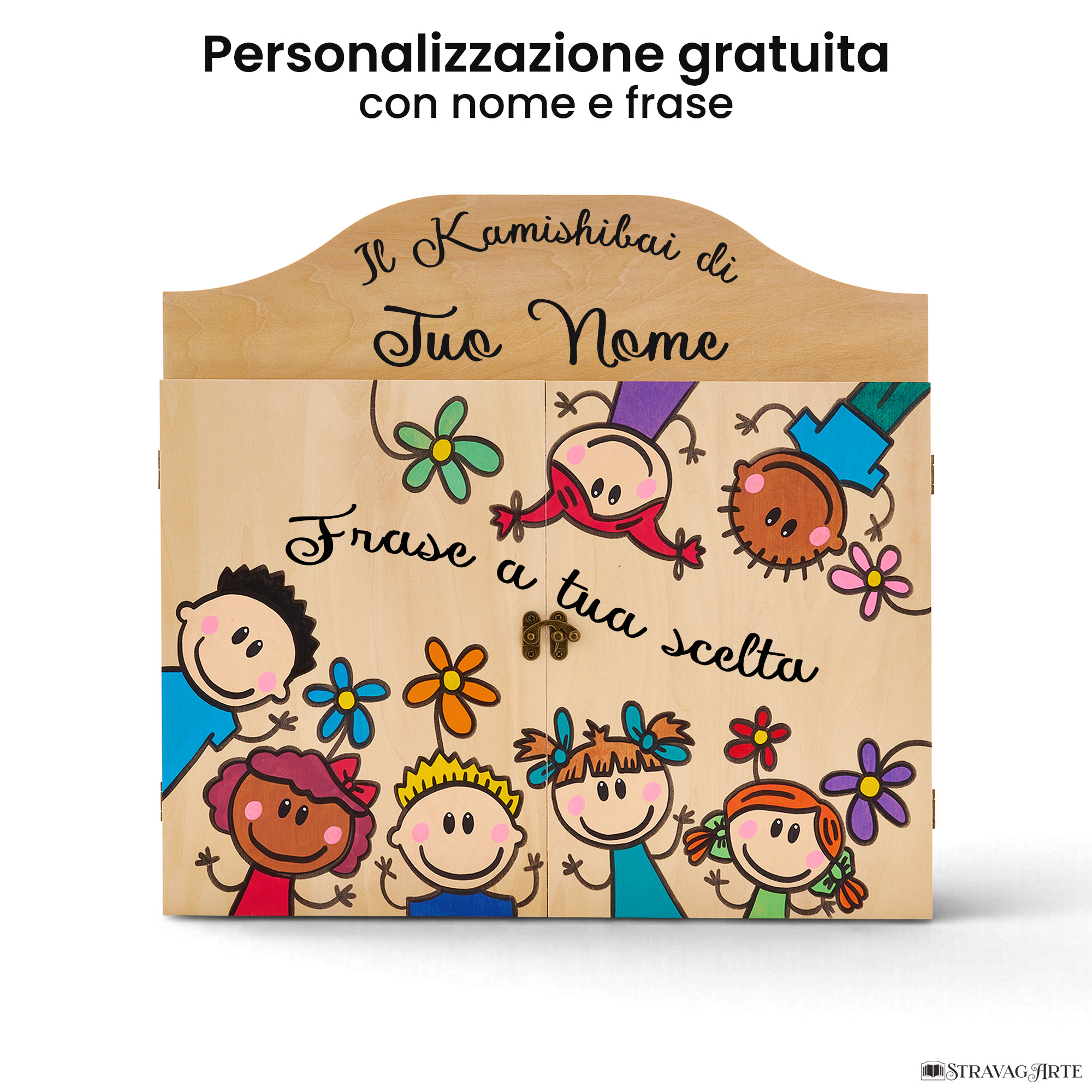 Teatrino kamishibai personalizzato LN05 legno naturale tema bambini sopra e sotto con nome e frase StravagArte