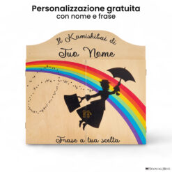 Teatrino kamishibai personalizzato LN06 legno naturale tema maestra con ombrello in volo con nome e frase StravagArte