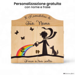 Teatrino kamishibai personalizzato LN07 legno naturale tema bambino che annaffia la rosa con volpe con nome e frase StravagArte