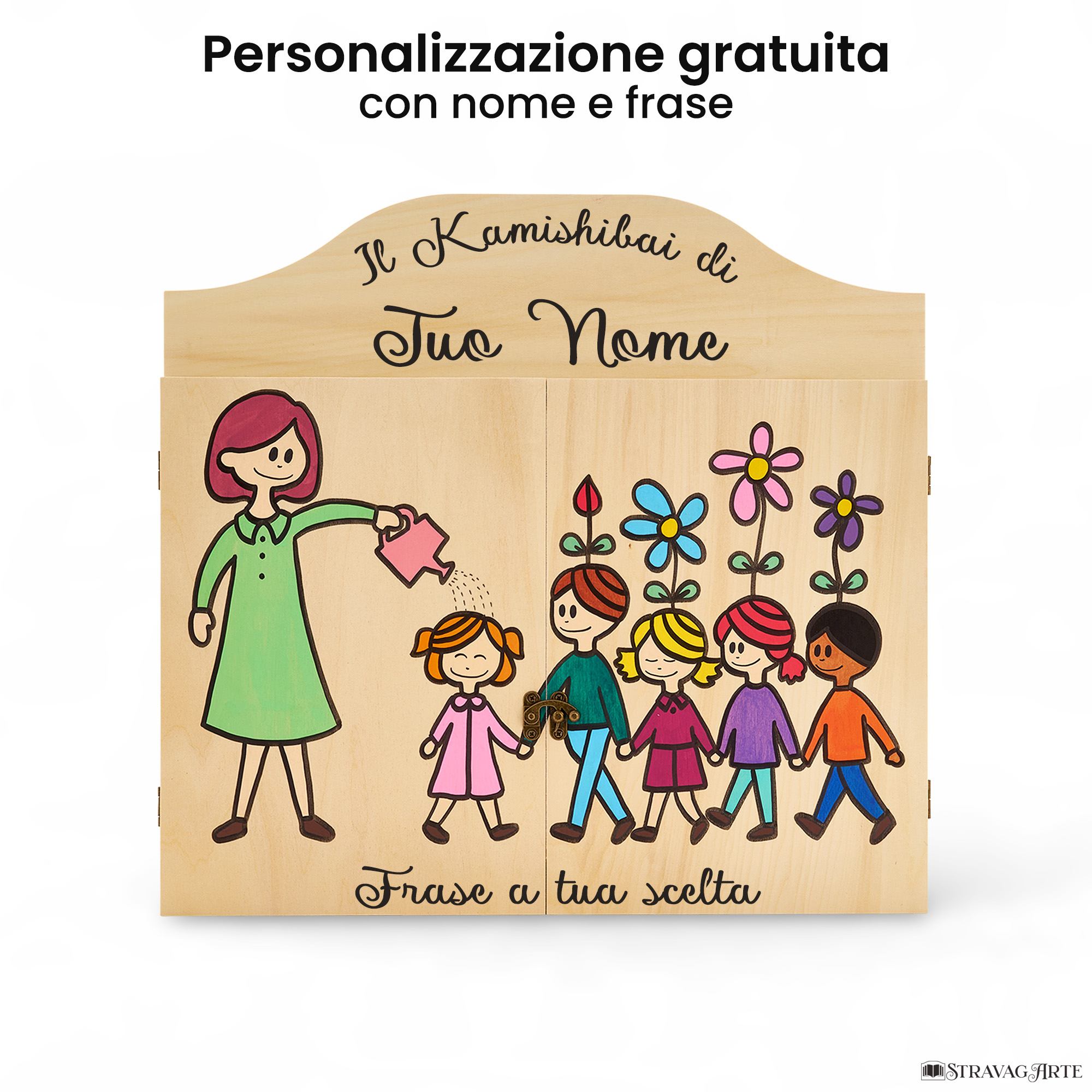 Teatrino kamishibai personalizzato LN08 legno naturale tema maestra che annaffia i bambini con nome e frase StravagArte