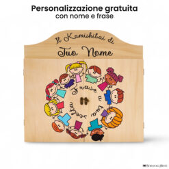 Teatrino kamishibai personalizzato LN09 legno naturale tema bambini in cerchio con nome e frase StravagArte