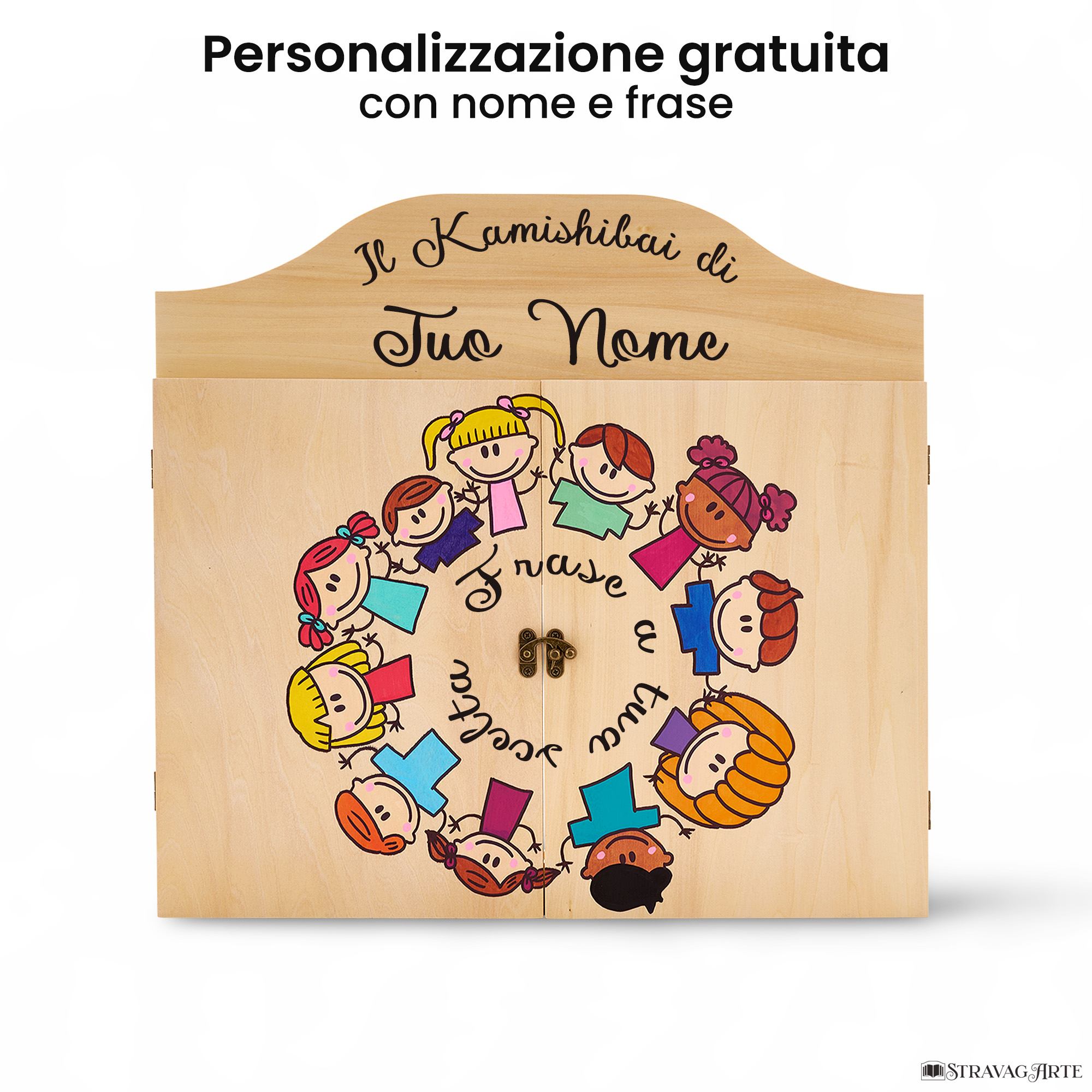 Teatrino kamishibai personalizzato LN09 legno naturale tema bambini in cerchio con nome e frase StravagArte