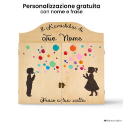Teatrino kamishibai personalizzato LN15 legno naturale tema bambini che soffiano bolle colorate con nome e frase StravagArte