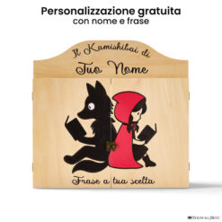 Teatrino kamishibai personalizzato LN16 legno naturale tema lupo e cappuccetto rosso che leggono un libro con nome e frase StravagArte