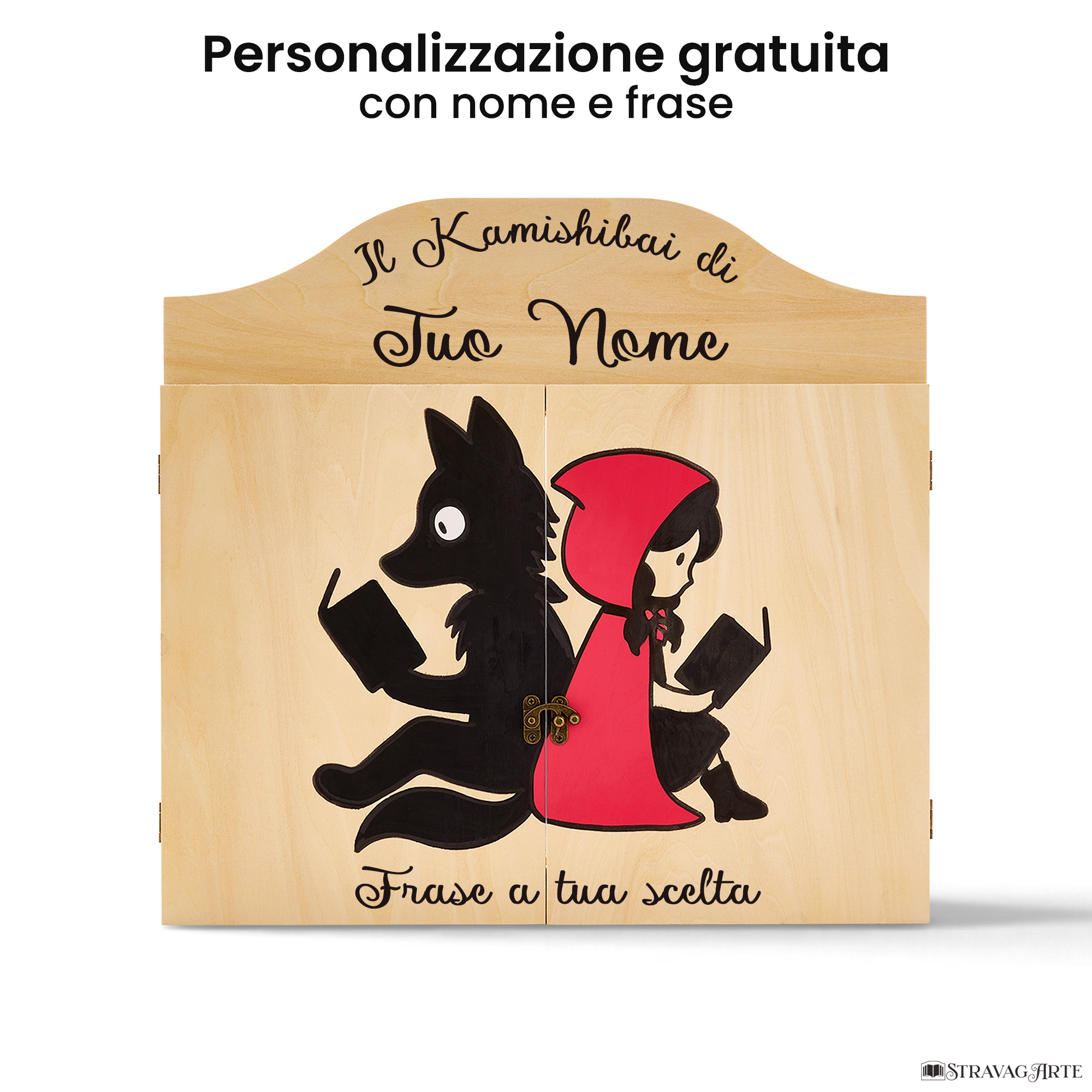 Teatrino kamishibai personalizzato LN16 legno naturale tema lupo e cappuccetto rosso che leggono un libro con nome e frase StravagArte
