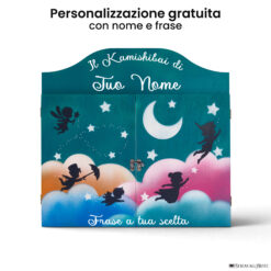 Teatrino kamishibai personalizzato TU02 turchese tema bambini in volo con nome e frase StravagArte