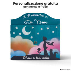 Teatrino kamishibai personalizzato TU03 turchese tema bambino, rosa e volpe sotto le stelle con nome e frase StravagArte