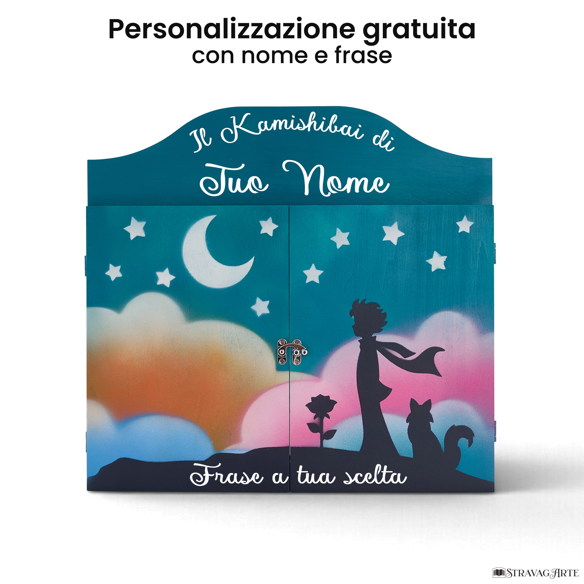 Teatrino kamishibai personalizzato TU03 turchese tema bambino, rosa e volpe sotto le stelle con nome e frase StravagArte
