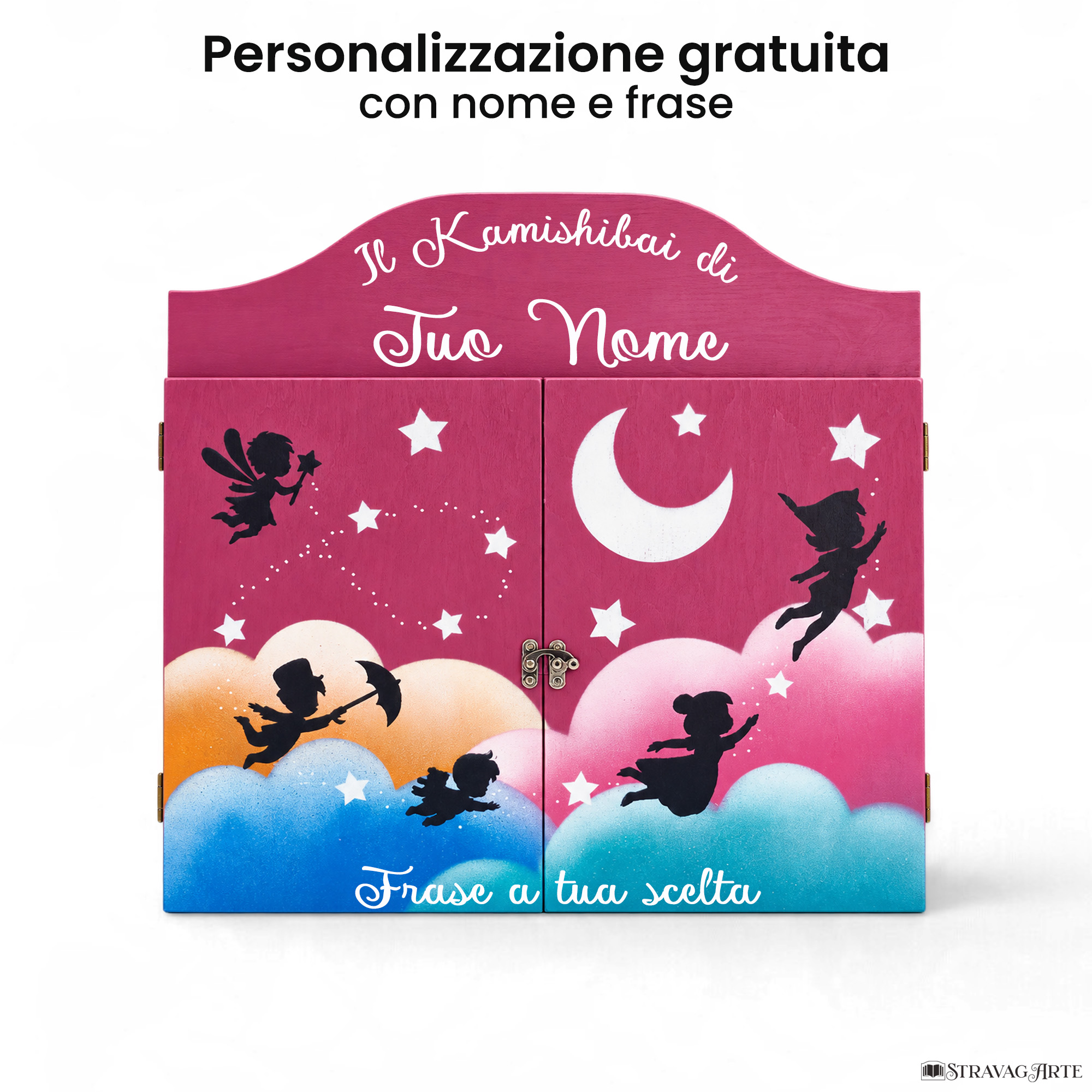 Teatrino kamishibai personalizzato VE02 viola erika tema bambini in volo con nome e frase StravagArte