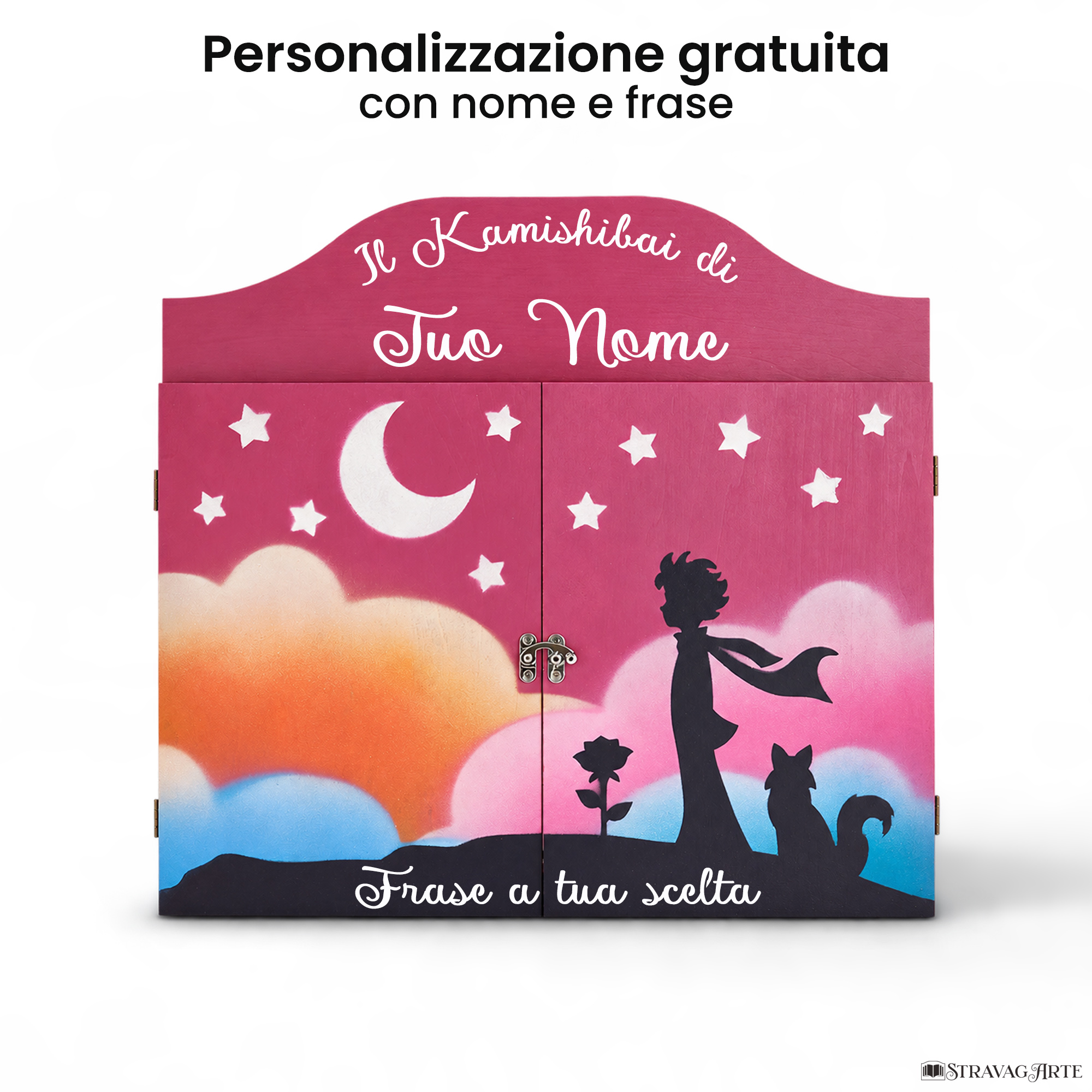 Teatrino kamishibai personalizzato VE03 viola erika tema bambino, rosa e volpe sotto le stelle con nome e frase StravagArte
