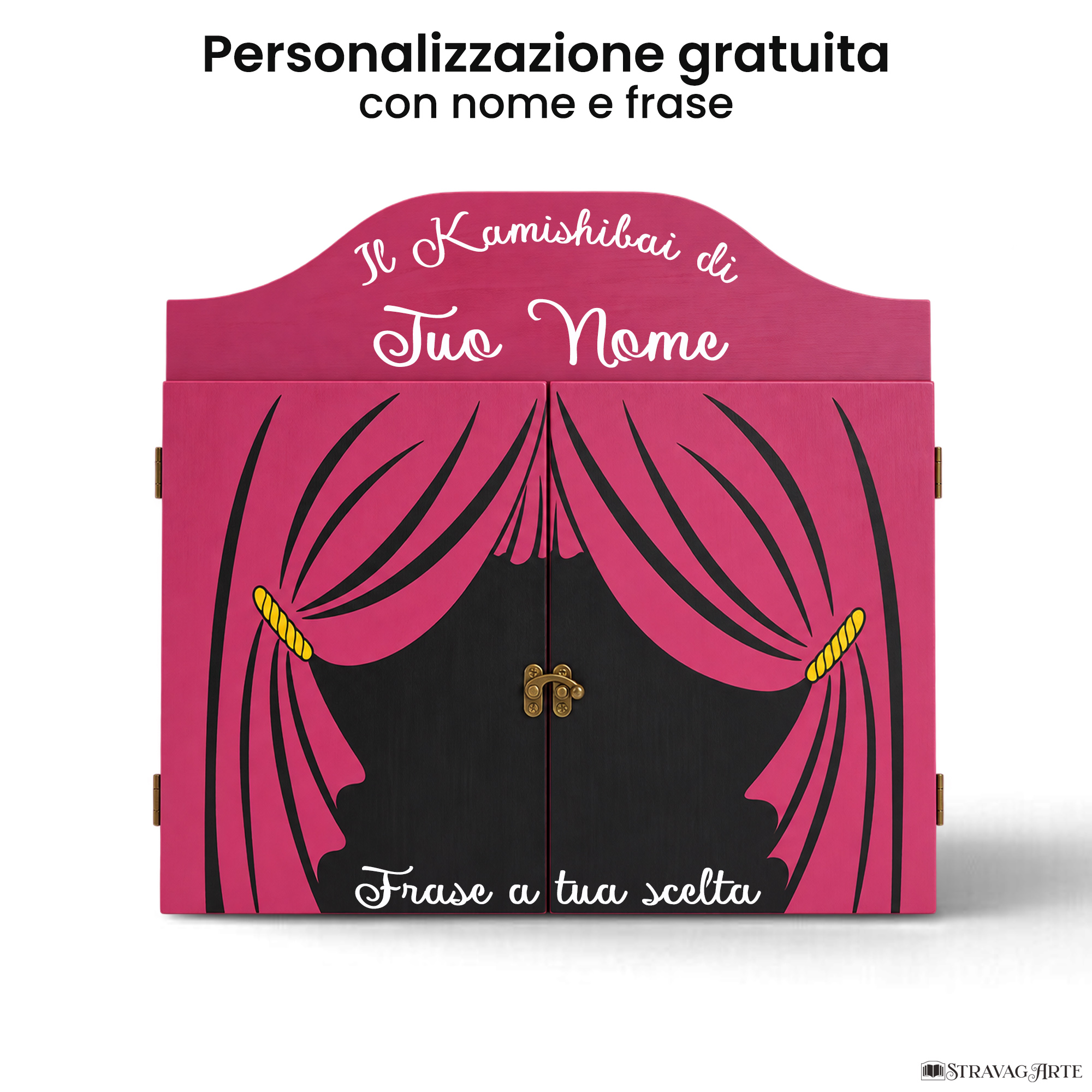 Teatrino kamishibai personalizzato VE11 viola erika tema sipario con nome e frase StravagArte