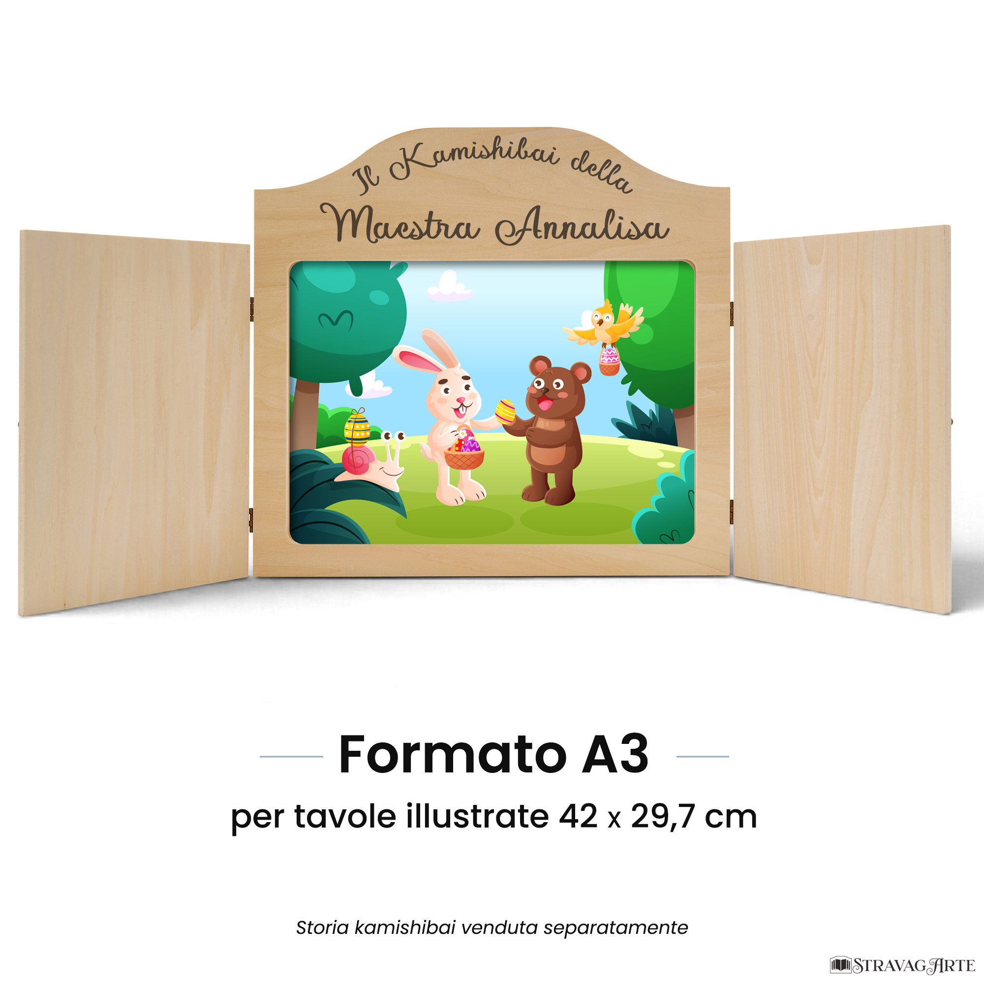 Teatrino kamishibai A3 legno naturale con tavola illustrata StravagArte