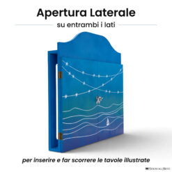 Teatrino kamishibai personalizzato A3 AZ01 azzurro tema mare, barchetta e stelle con apertura laterale su entrambi i lati StravagArte