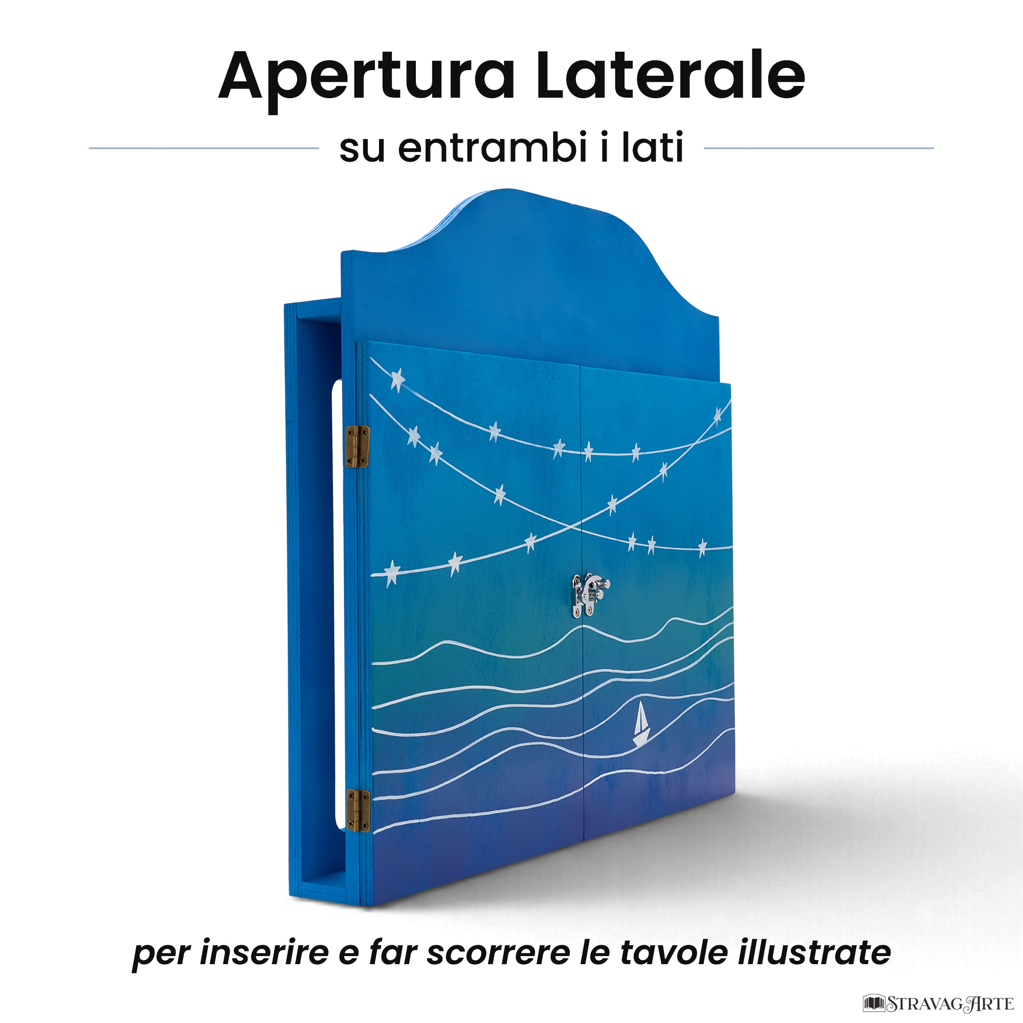 Teatrino kamishibai personalizzato A3 AZ01 azzurro tema mare, barchetta e stelle con apertura laterale su entrambi i lati StravagArte
