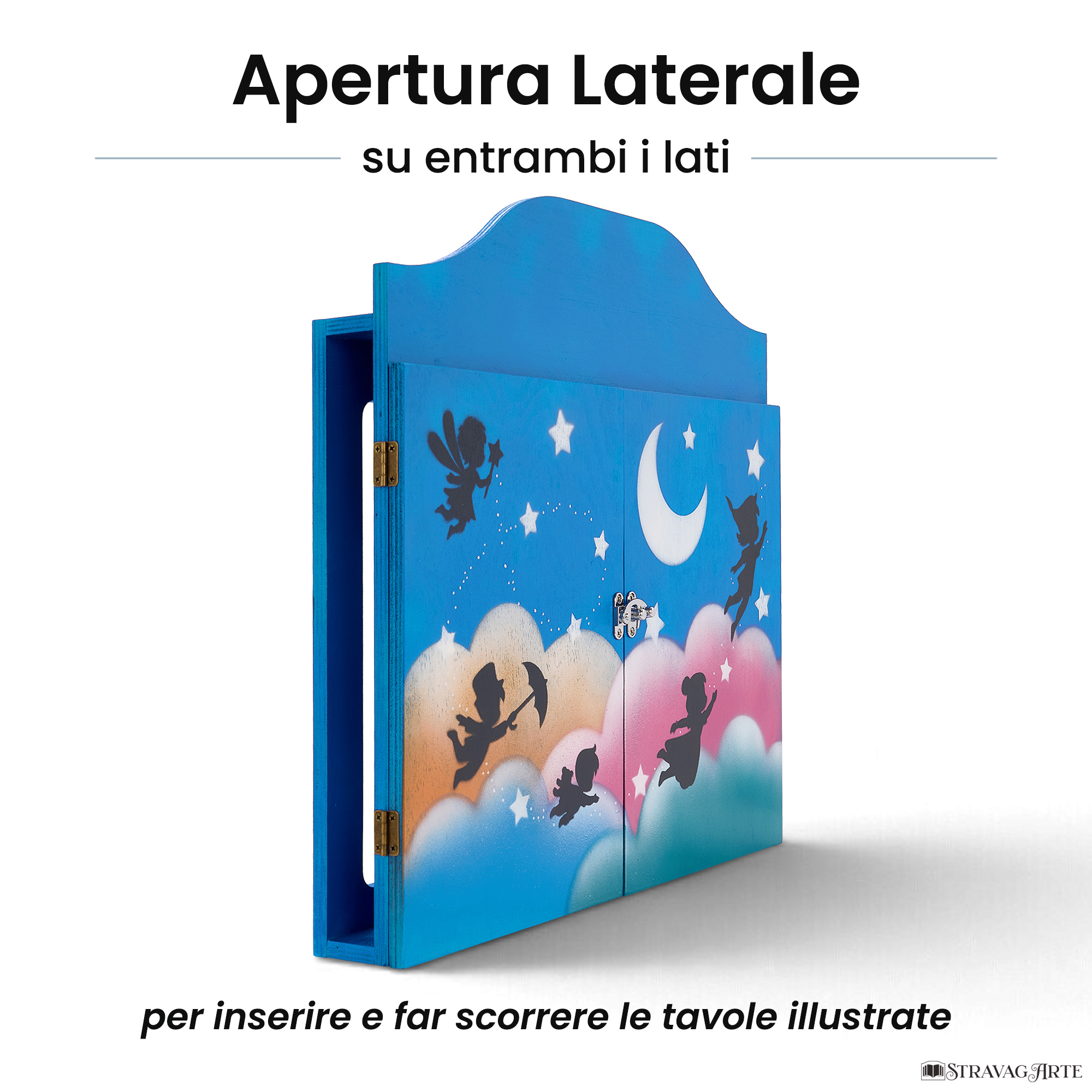 Teatrino kamishibai personalizzato A3 AZ02 azzurro tema bambini in volo con apertura laterale su entrambi i lati StravagArte