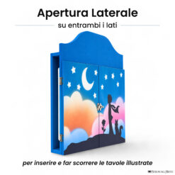 Teatrino kamishibai personalizzato A3 AZ03 azzurro tema bambino, rosa e volpe sotto le stelle con apertura laterale su entrambi i lati StravagArte