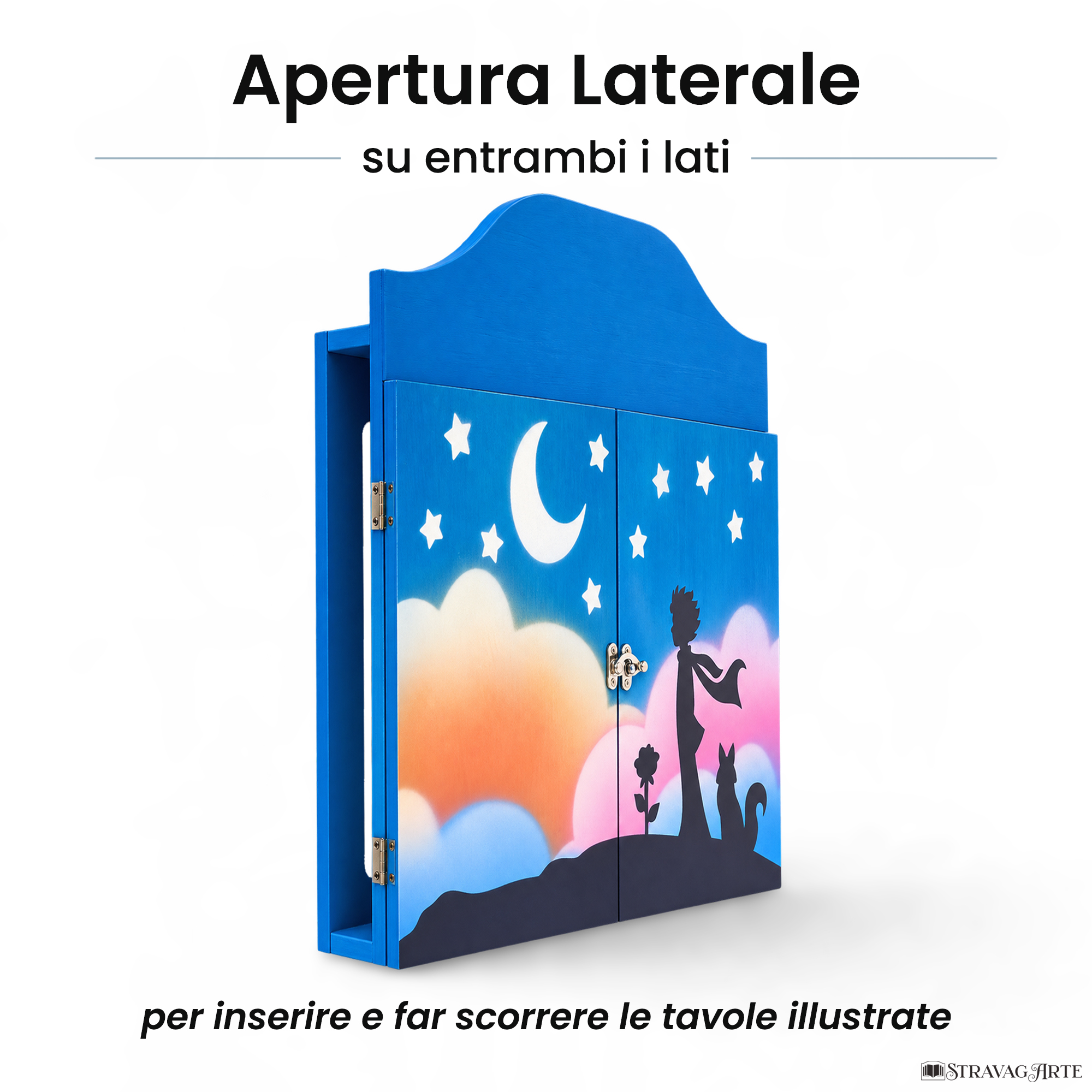 Teatrino kamishibai personalizzato A3 AZ03 azzurro tema bambino, rosa e volpe sotto le stelle con apertura laterale su entrambi i lati StravagArte