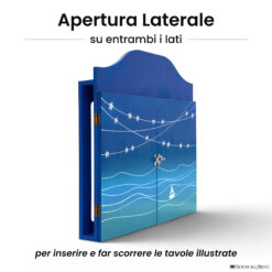 Teatrino kamishibai personalizzato A3 BC01 blu chiaro tema mare, barchetta e stelle con apertura laterale su entrambi i lati StravagArte