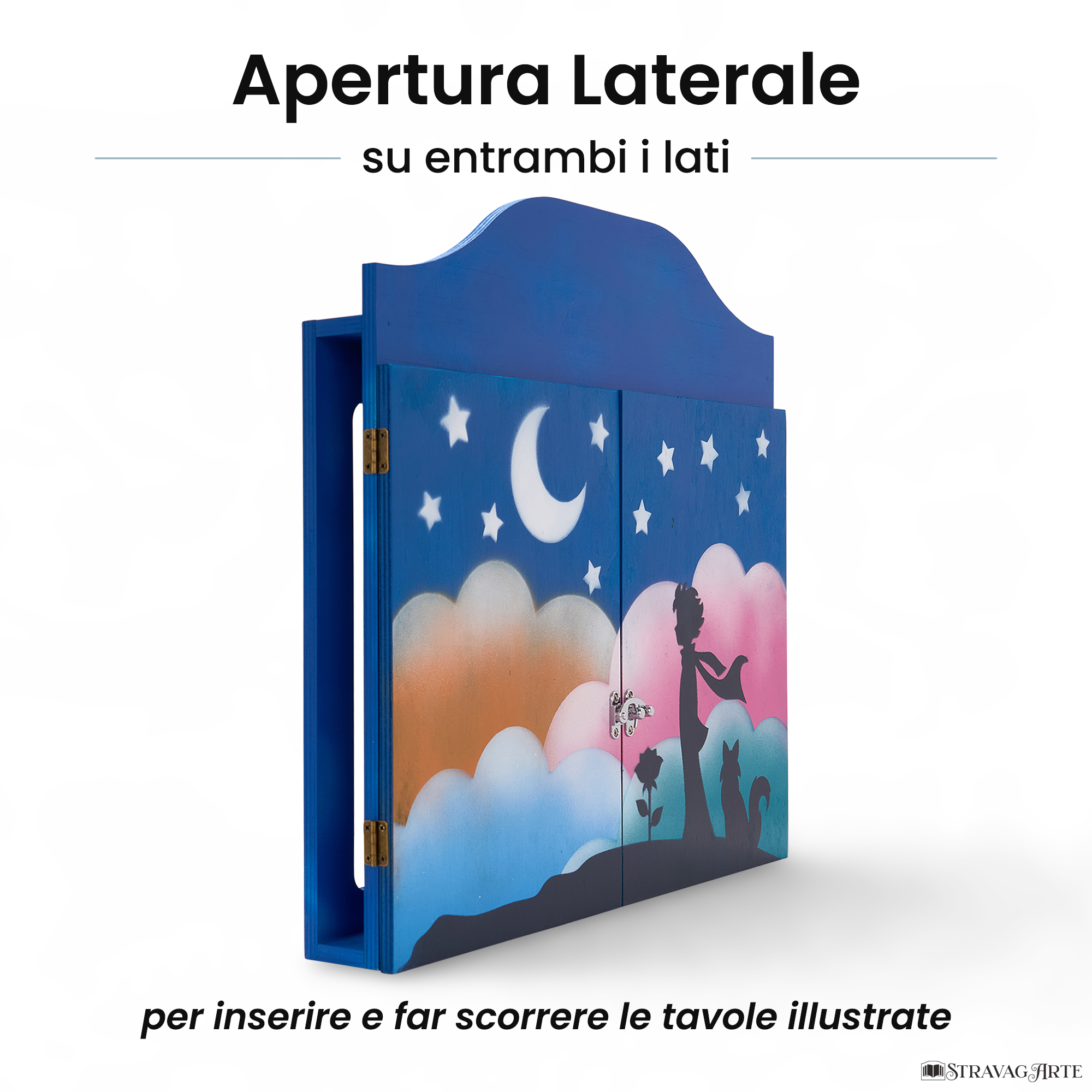 Teatrino kamishibai personalizzato A3 BC03 blu chiaro tema bambino, rosa e volpe sotto le stelle con apertura laterale su entrambi i lati StravagArte