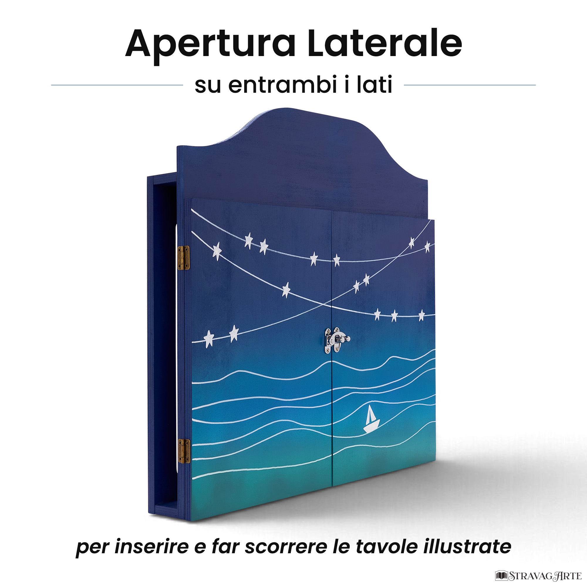 Teatrino kamishibai personalizzato A3 BS01 blu scuro tema mare, barchetta e stelle con apertura laterale su entrambi i lati StravagArte