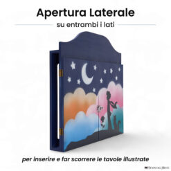 Teatrino kamishibai personalizzato A3 BS03 blu scuro tema bambino, rosa e volpe sotto le stelle con apertura laterale su entrambi i lati StravagArte