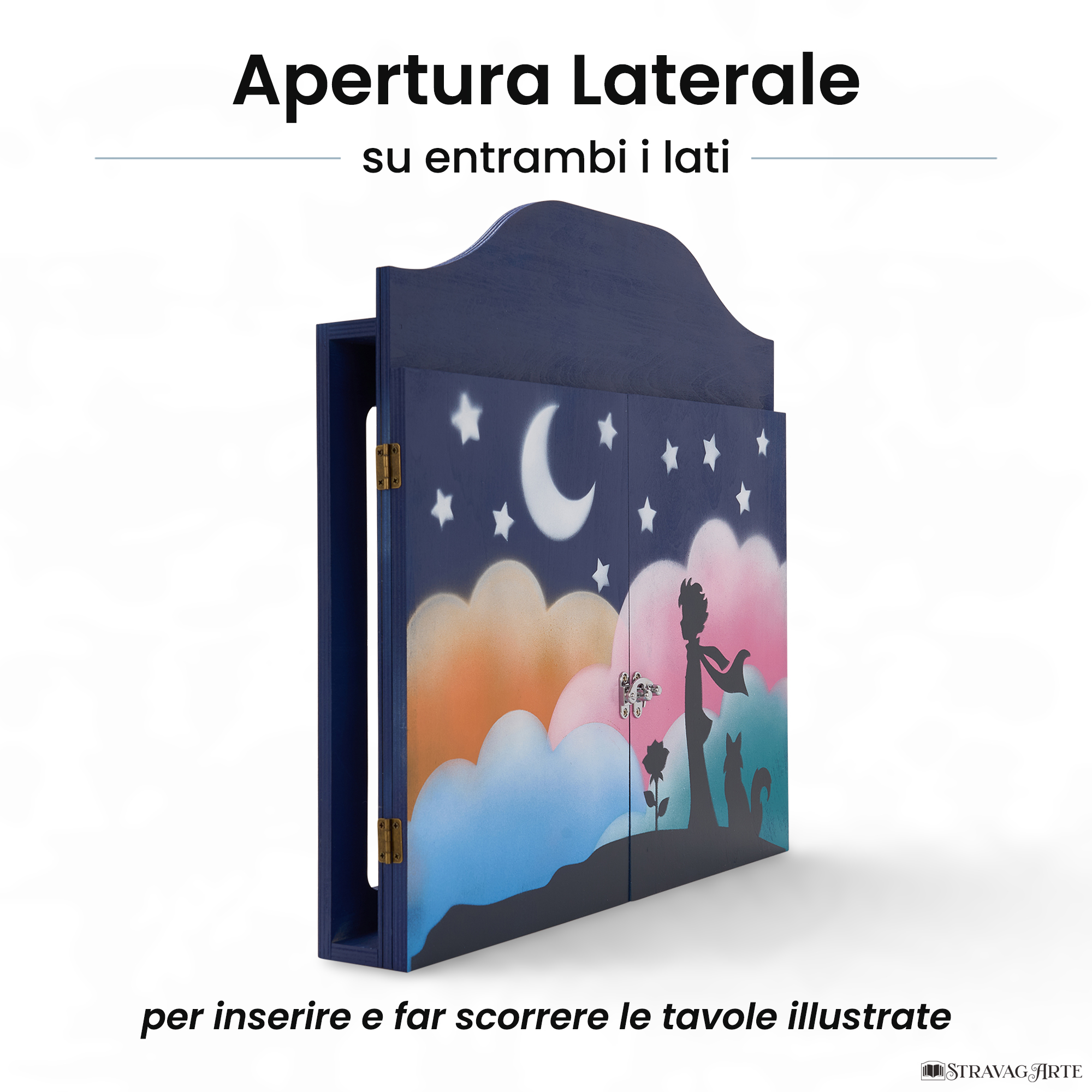 Teatrino kamishibai personalizzato A3 BS03 blu scuro tema bambino, rosa e volpe sotto le stelle con apertura laterale su entrambi i lati StravagArte